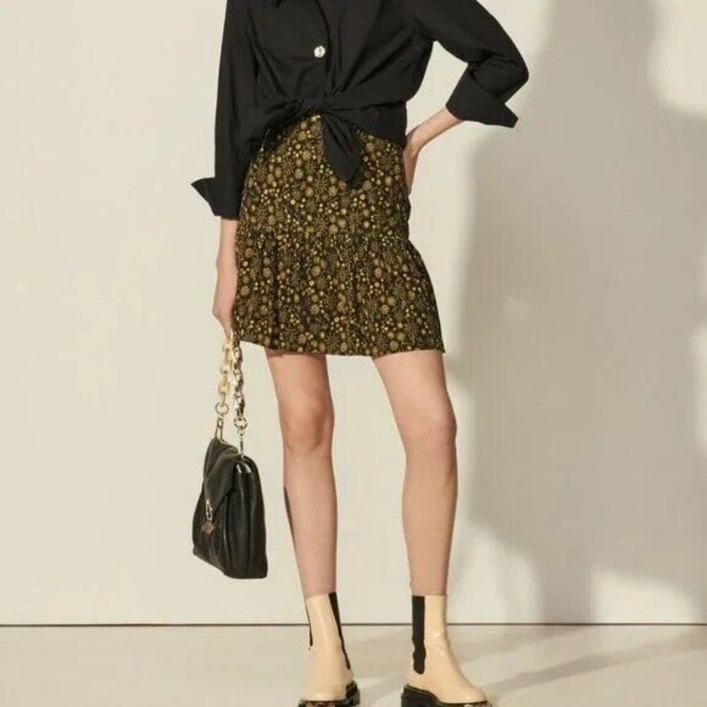 SANDRO WOMENS NOIR GRIS CERISE FLORAL-PRINT WOVEN MINI SKIRT‎ SMALL BLACK - Picture 3 of 11